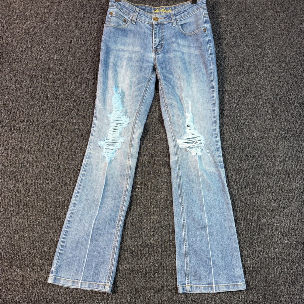 VTG Southpole Low Rise Flared Jeans Womens 5 Embellished Pockets Distressed Y2K‎